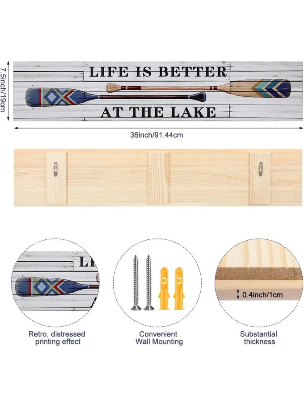 Rustic Lake Life Decor Sign - 36” Pine Wood Wall Art for Porch, Entryway & Home